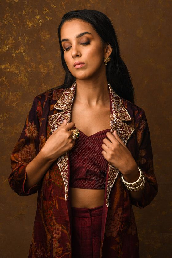 Printed Embroidered Jacket Set Frontview