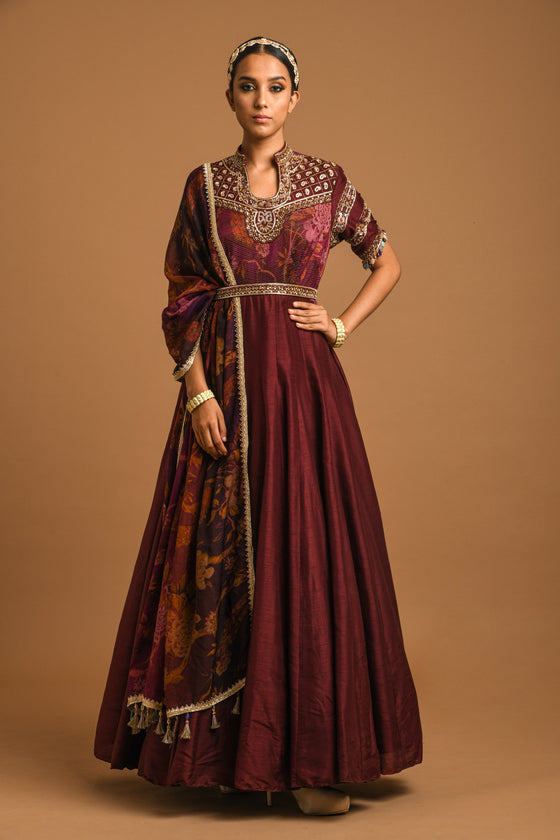 Floor length Anarkali with printed Dupatta