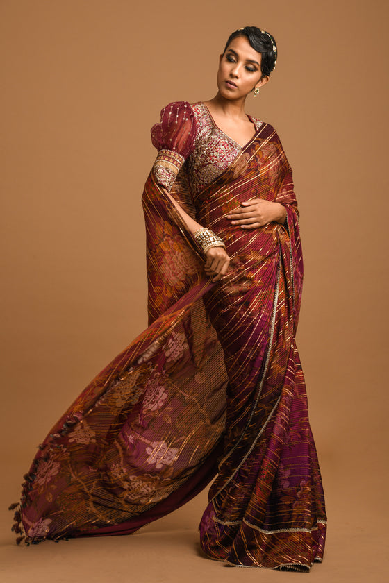 Lurex Satin Embroidered Printed Saree Set
