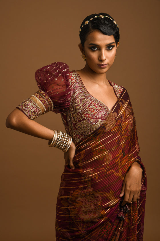 Lurex Satin Embroidered Printed Saree Set Closeview