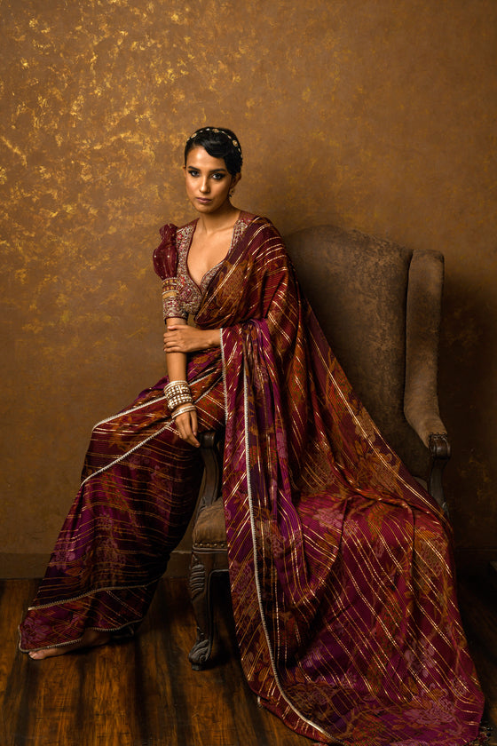 Lurex Satin Embroidered Printed Saree Set