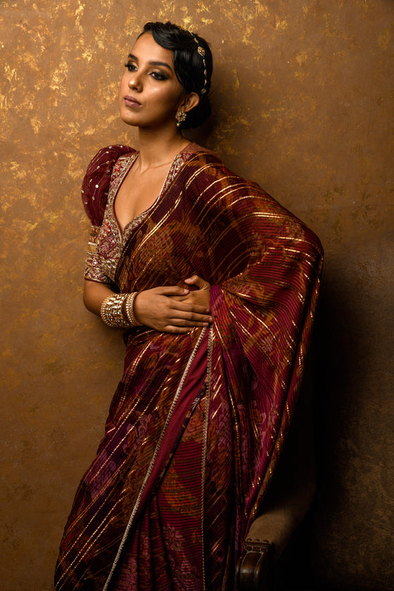 Lurex Satin Embroidered Printed Saree Set