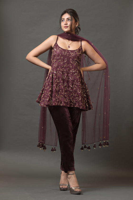 Dark Wine Peplum Kurta with Velvet Pant - Q by Sonia Baderia