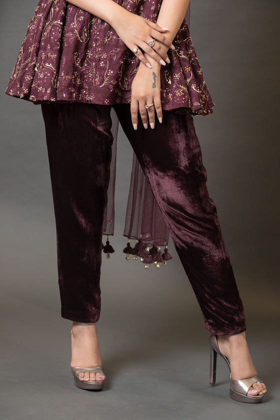 Dark Wine Peplum Kurta with Velvet Pant - Q by Sonia Baderia