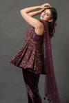 Dark Wine Peplum Kurta with Velvet Pant - Q by Sonia Baderia