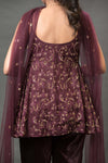 Dark Wine Peplum Kurta with Velvet Pant - Q by Sonia Baderia