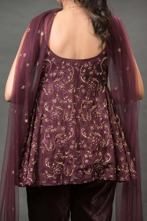 Dark Wine Peplum Kurta with Velvet Pant - Q by Sonia Baderia