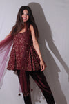 Maroon Peplum Kurta with Velvet Pant - M - Q by Sonia Baderia