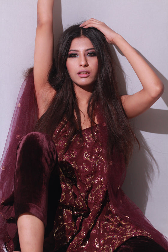 Maroon Peplum Kurta with Velvet Pant - M - Q by Sonia Baderia