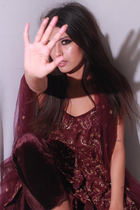 Maroon Peplum Kurta with Velvet Pant - M - Q by Sonia Baderia