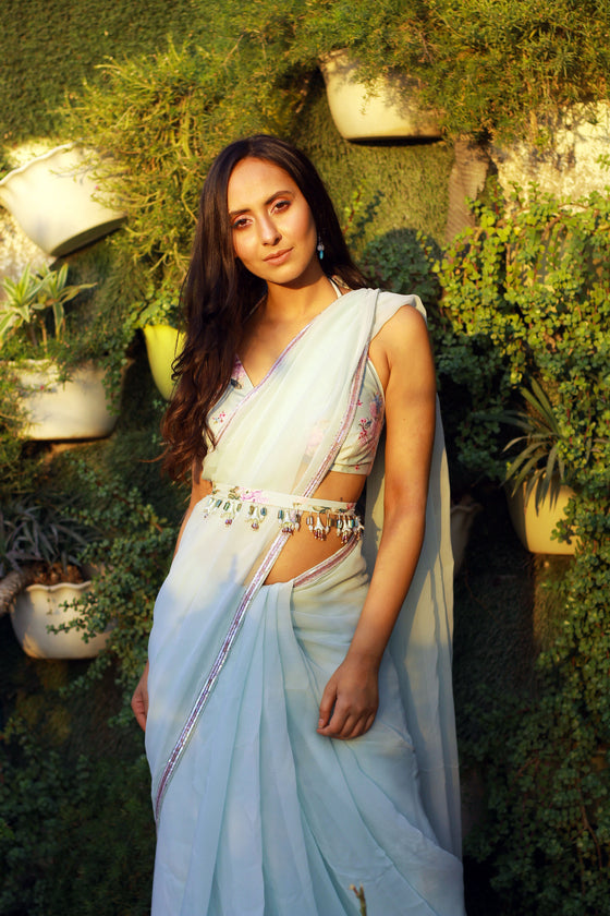 Bralette Blouse And Chiffon Saree - Q by Sonia Baderia
