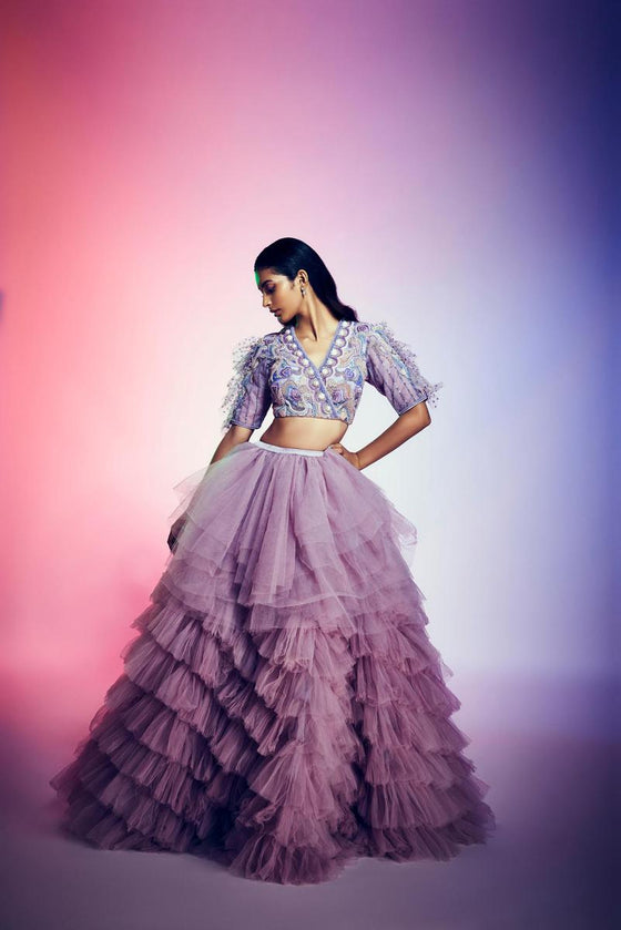 Net multi-layer ruffle Lehenga