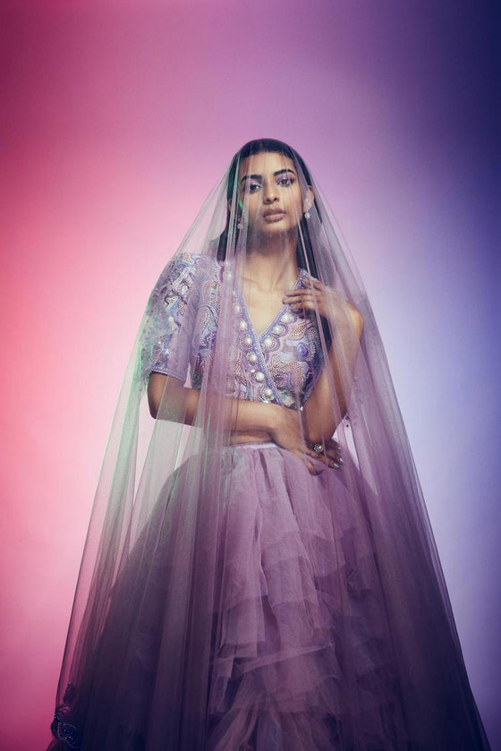 Net multi-layer ruffle Lehenga