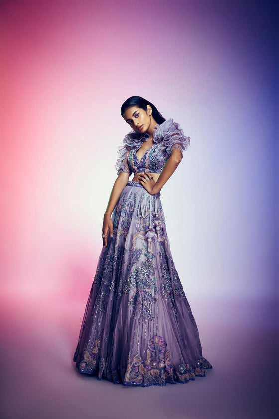 New age bridal lehenga with rose structured ruffle blouse